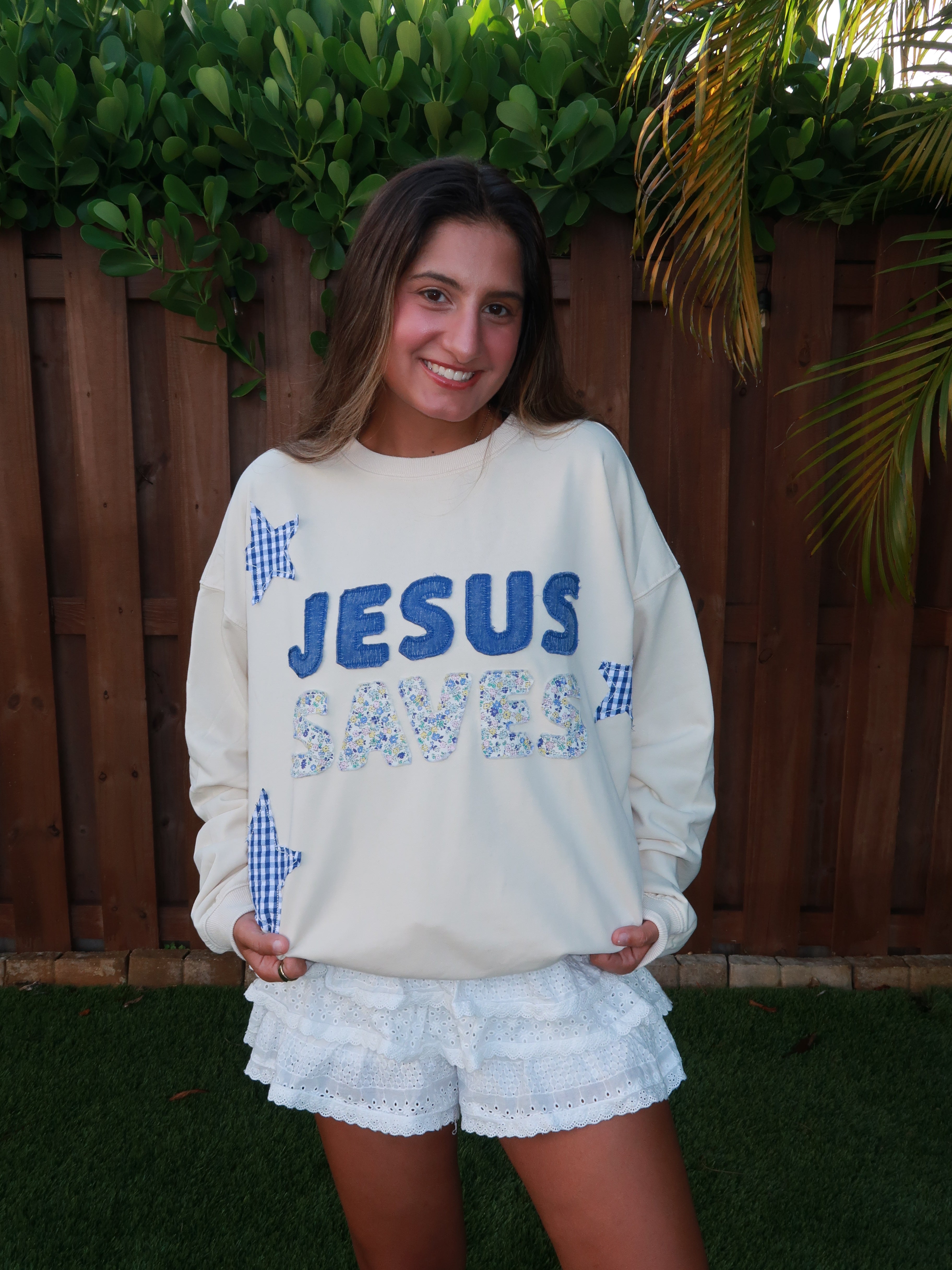 Jesus saves mock neck blue