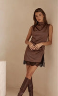 The Mocha Lace Satin Mini Dress 
Pre order Nov 13