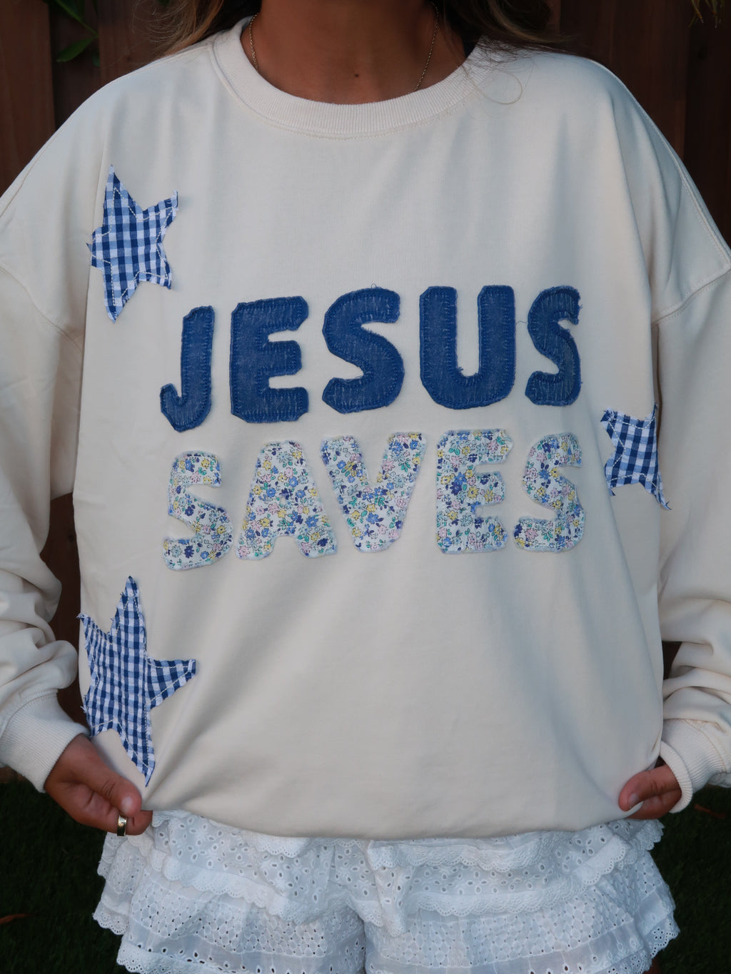 Jesus saves mock neck blue