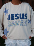 Jesus saves mock neck blue
