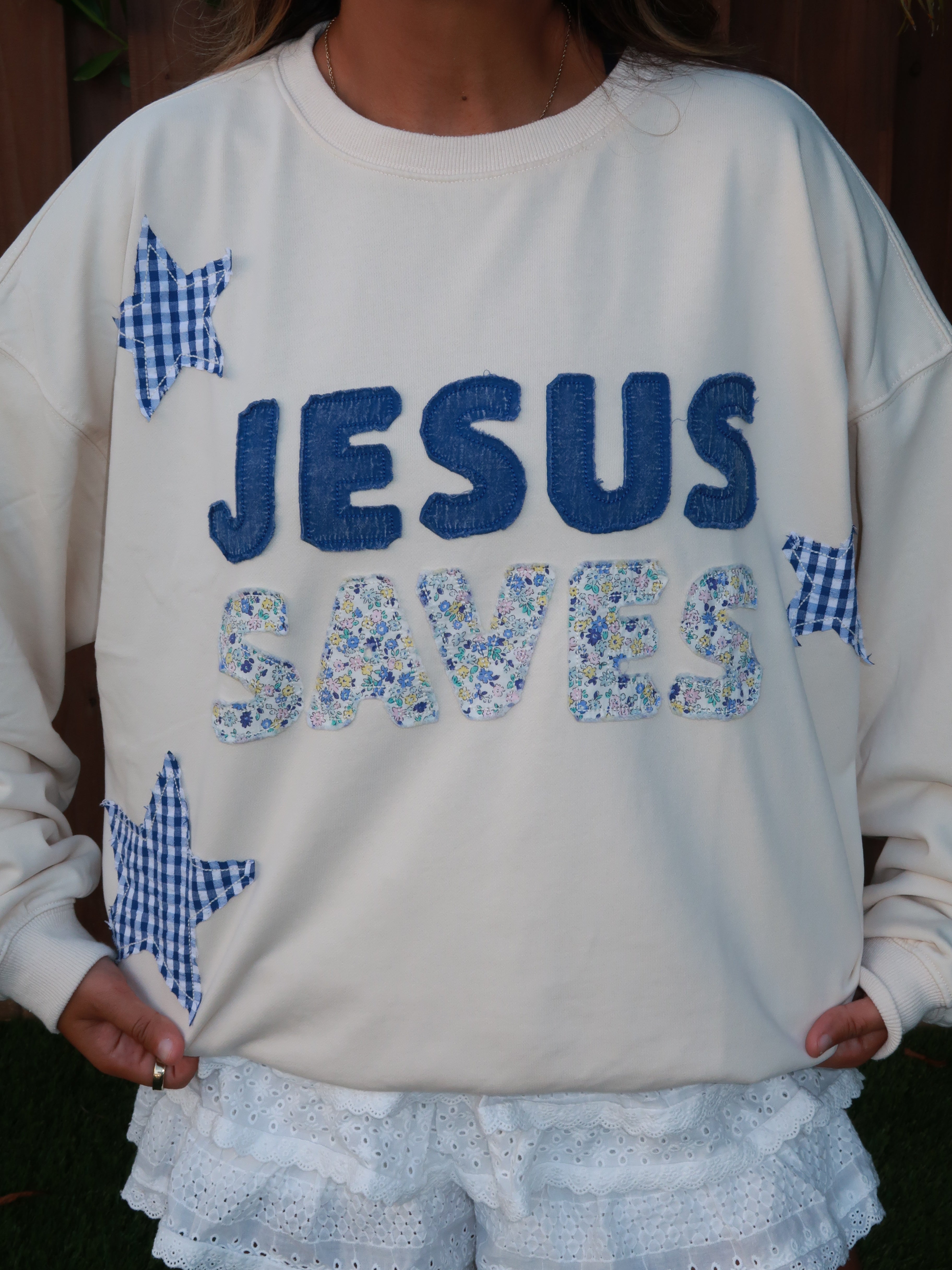 Jesus saves mock neck blue